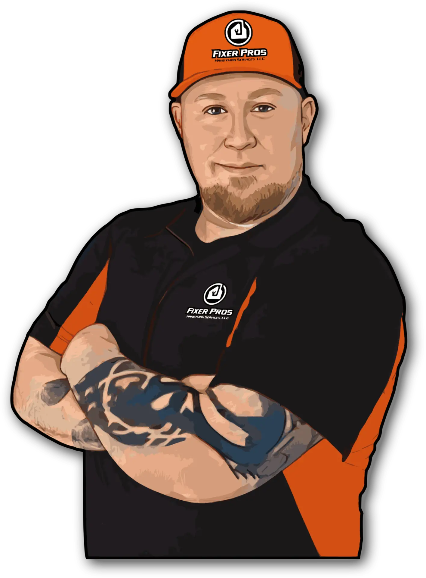 An illustrated man with a beard and tattoos, wearing a red and black Fixer Pros cap and shirt, stands with arms crossed and a confident expression.