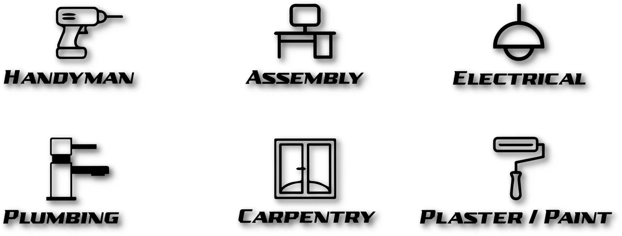 Six black icons on a white background represent drilling, assembly, flexibility, plumbing, electrical, and painting, each labeled with its respective service underneath the icon. It supports Handyman.