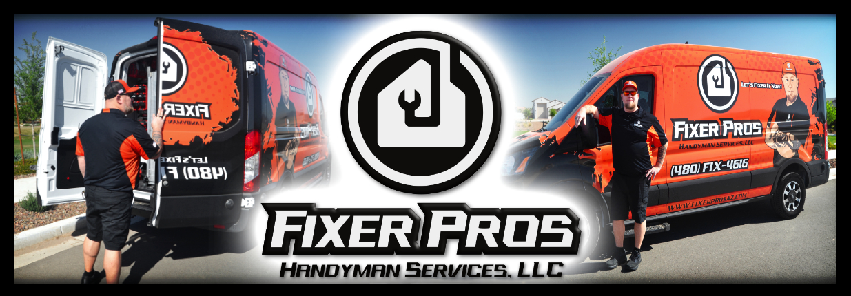 Two men stand beside two orange Fixer Pros handyman vans, both featuring company branding and a wrench logo. The central logo and company name Fixer Pros Handyman Services, LLC are prominently displayed.